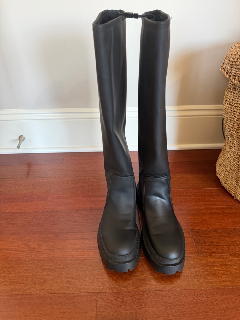Zara Black Tall Leather Lug-Sole Boots